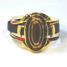 Handcrafted Black Leather Cuff Bracelet Gold Rings Accents