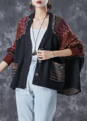 Handmade Black Oversized Patchwork Knit Denim Jackets Fall ML1844