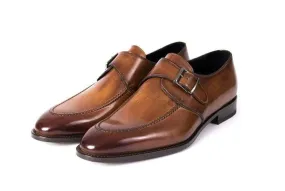 Handmade Men's Leather Monk Strap Brown Round Toe Shoes