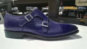 Handmade Men's Monk Shoes, Men's Blue Color Leather Double Monk Strap Casual Shoes.