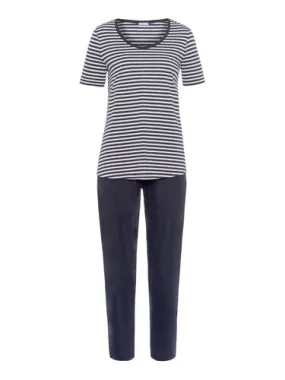 Hanro Womens Laura Short Sleeve Long Pajama Set in Midnight Stripe, Large