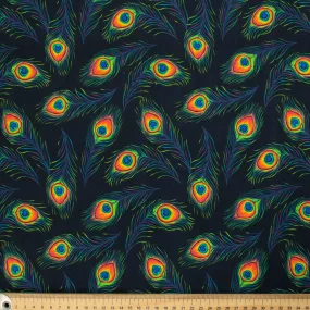 Happy Animal Collection Multi Colour Peacock Feathers on Black Cotton Prints