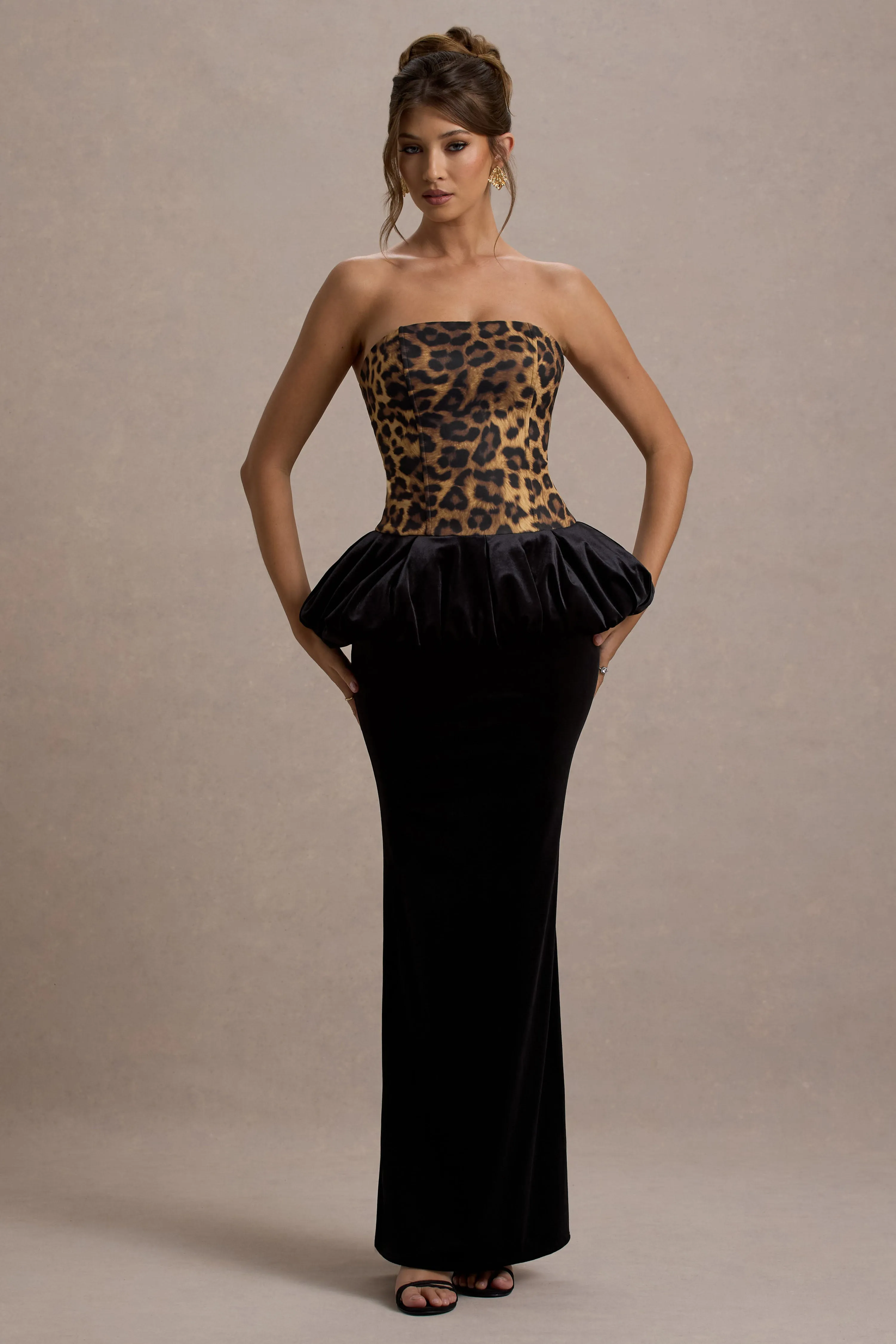 Harriette | Leopard Print Bandeau Maxi Dress With Black Velvet Peplum Skirt