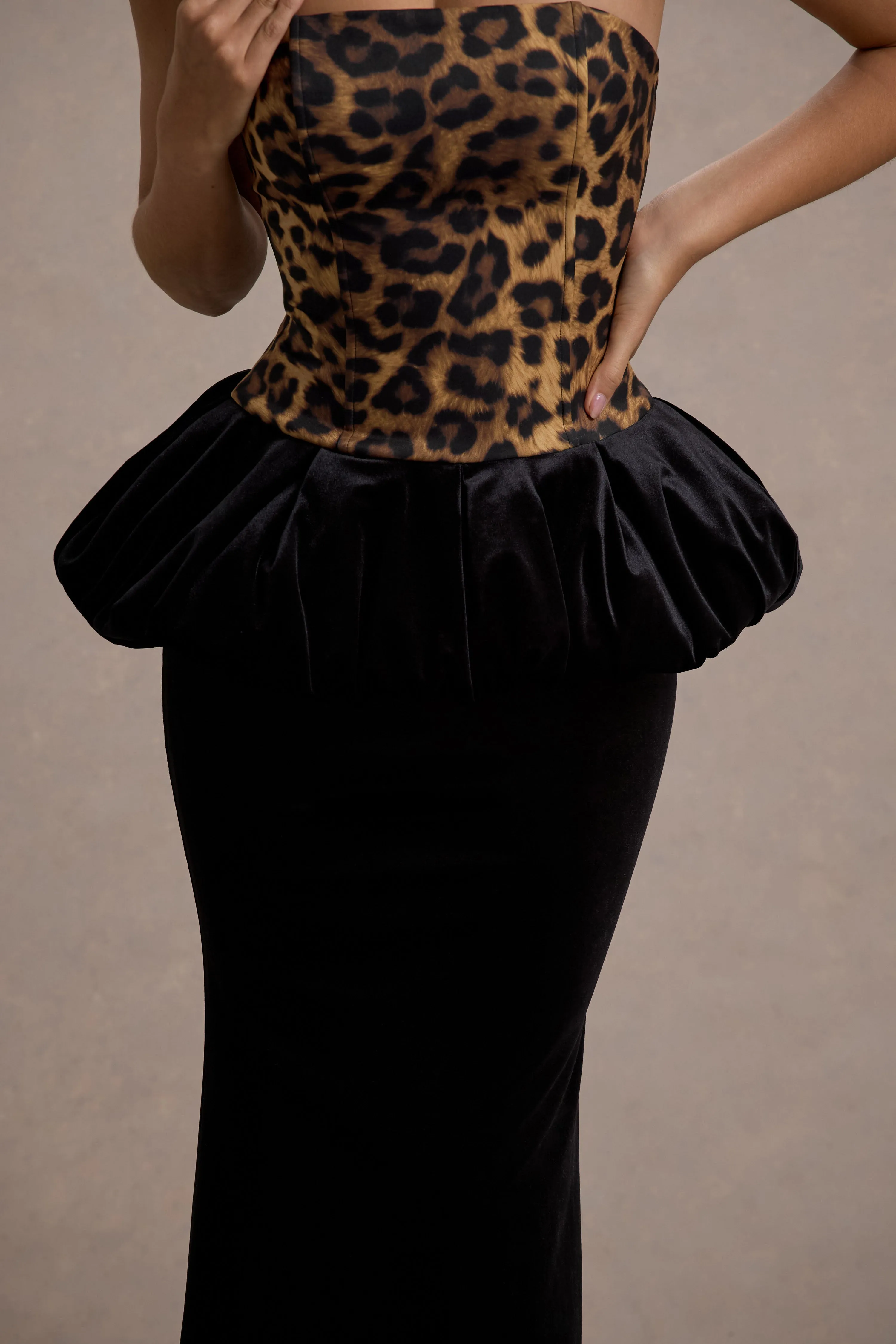 Harriette | Leopard Print Bandeau Maxi Dress With Black Velvet Peplum Skirt