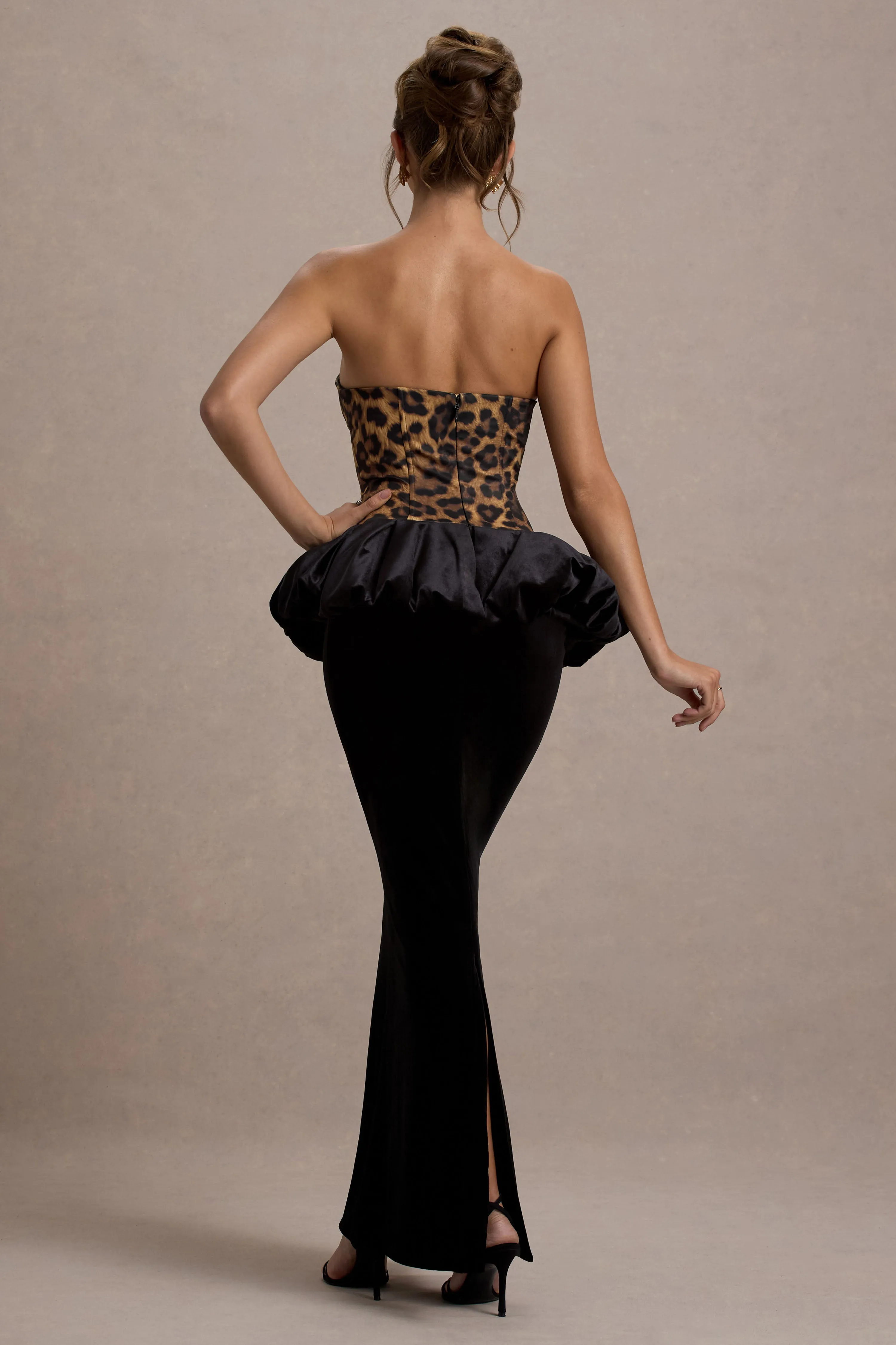 Harriette | Leopard Print Bandeau Maxi Dress With Black Velvet Peplum Skirt