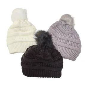 Hat Children's Beanie with Pom Pom Fleece lined White Black or Grey