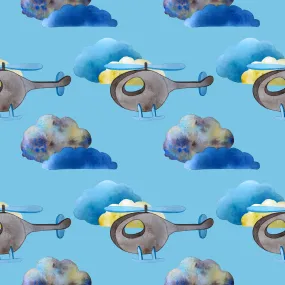 Helicopter Fabric, CH12, Children's Fabric, Helicopter with Clouds, Cotton or Fleece, 4012