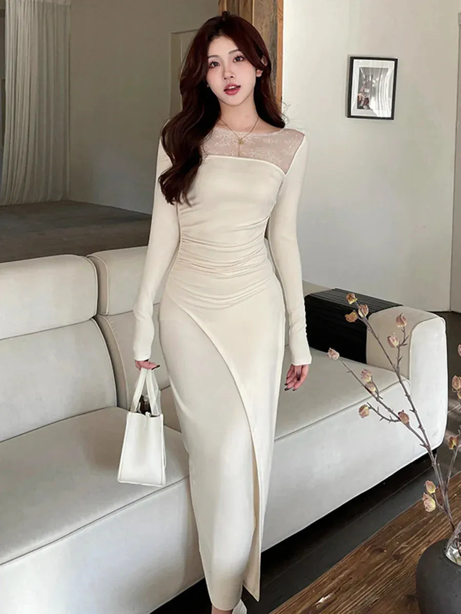 Hnzxzm Women's Casual Dress 2024 New Elegant Temperament Splicing Lace Square Neck Shrinking Pleated Waist Brushed Long Sleeve Dresses