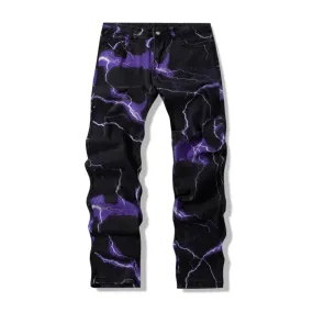 Hnzxzm Y2K Vintage Men's Jeans Trousers Vibe Style Lightning Print Tie Dye Straight Hip Hop Retro Harajuku Men's and Women's Jeans