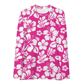 Hot Pink and White Hawaiian Flowers Print Women's Rash Guard