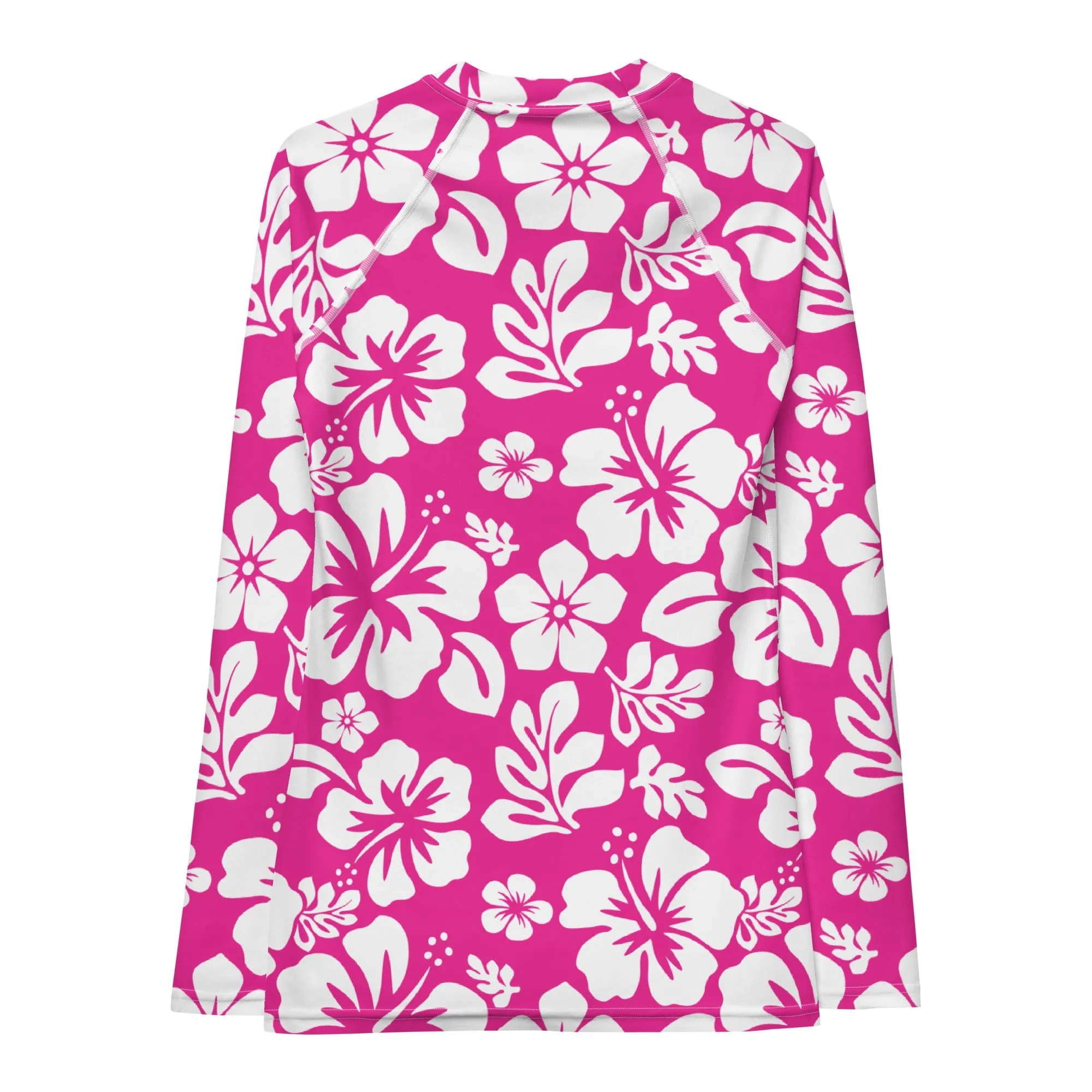 Hot Pink and White Hawaiian Flowers Print Women's Rash Guard