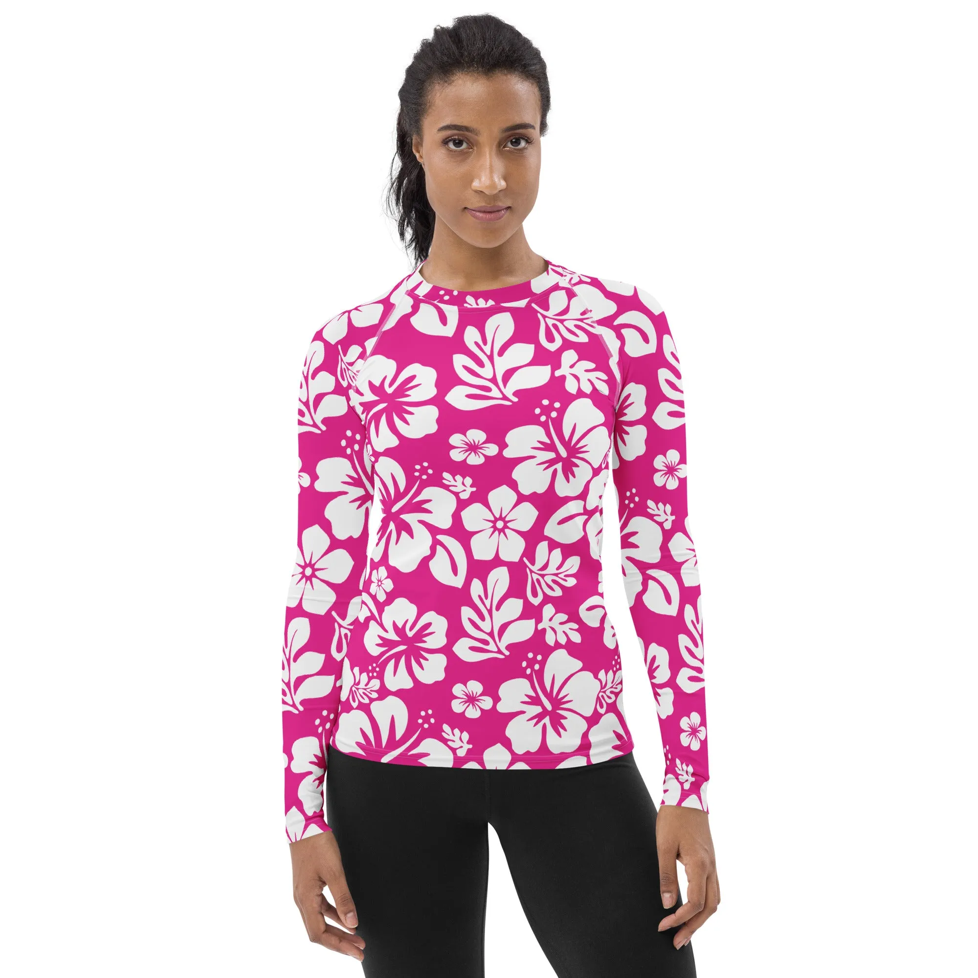 Hot Pink and White Hawaiian Flowers Print Women's Rash Guard