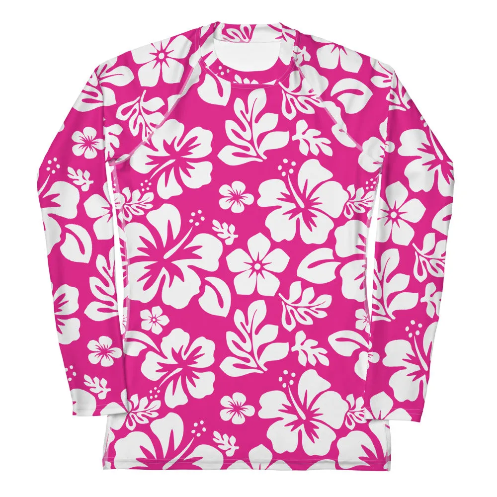 Hot Pink and White Hawaiian Flowers Print Women's Rash Guard