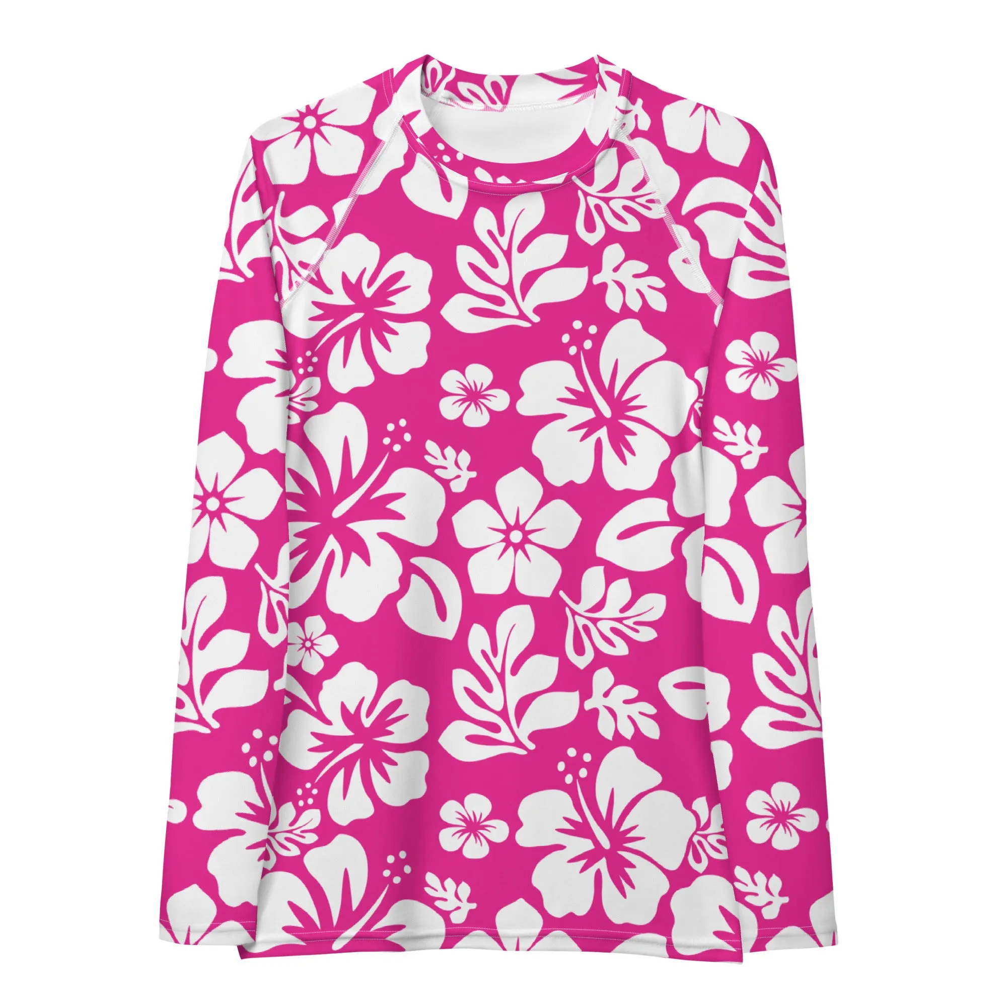 Hot Pink and White Hawaiian Flowers Print Women's Rash Guard