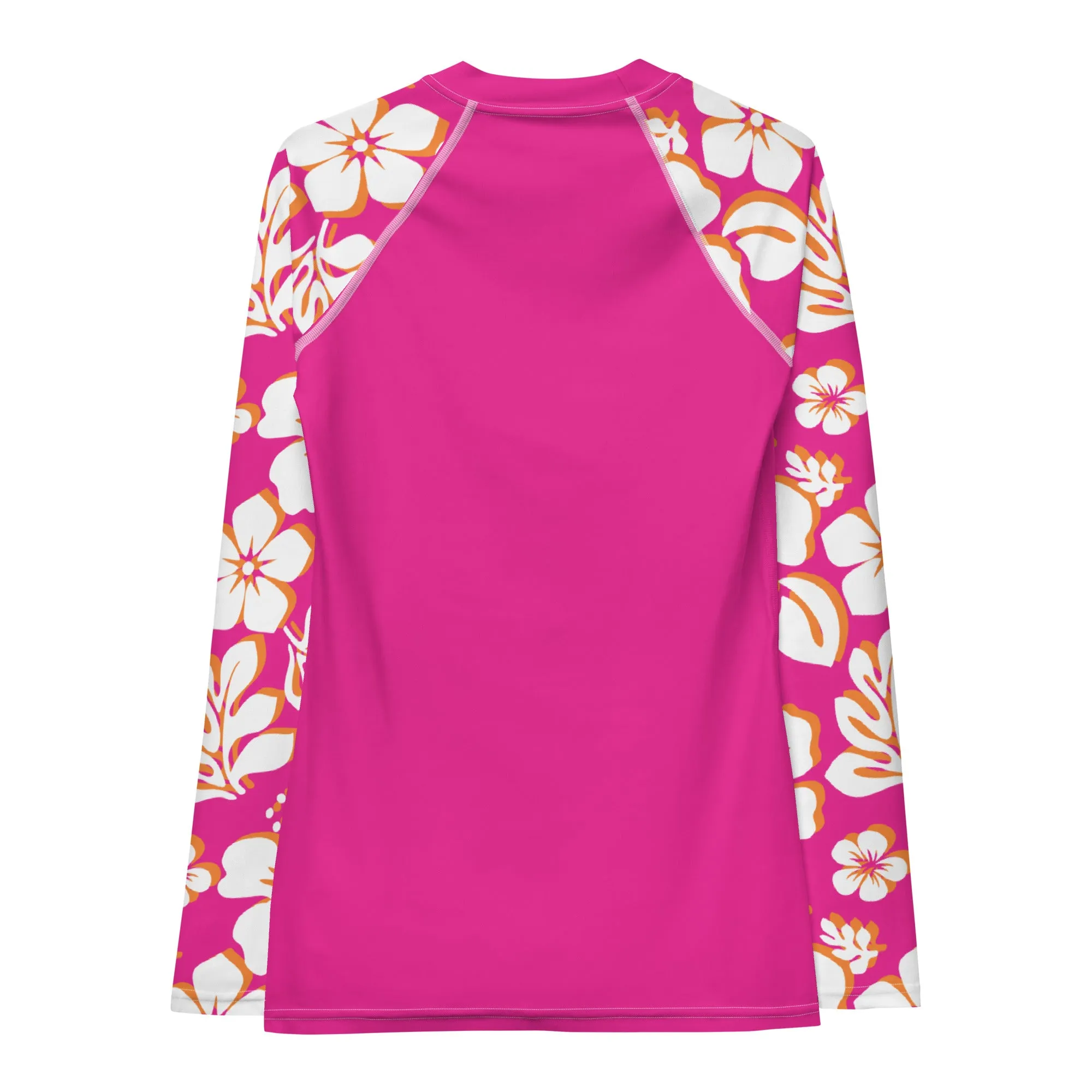 Hot Pink Women's Rash Guard with White, Hot Pink and Orange Hawaiian Print Sleeves