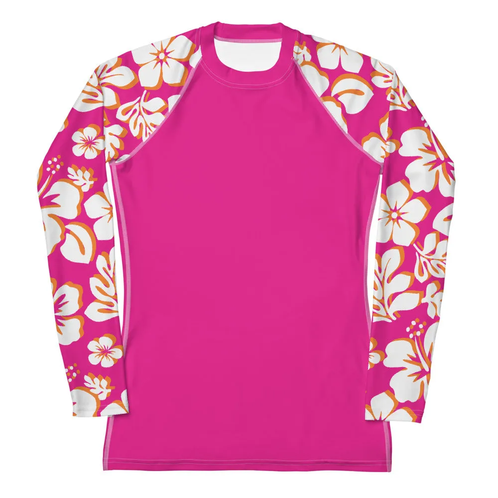 Hot Pink Women's Rash Guard with White, Hot Pink and Orange Hawaiian Print Sleeves