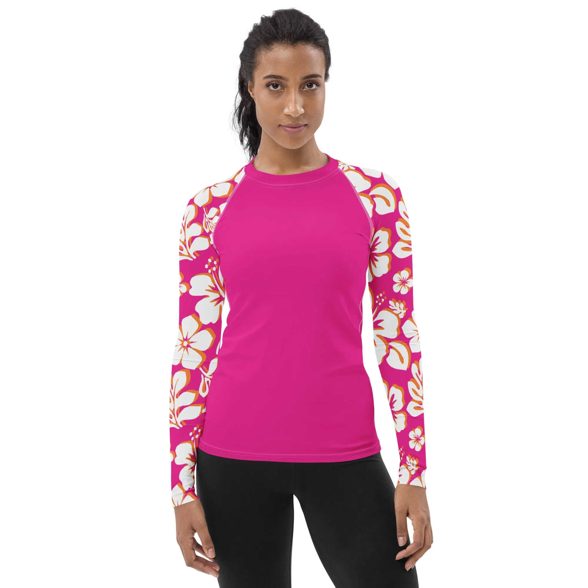 Hot Pink Women's Rash Guard with White, Hot Pink and Orange Hawaiian Print Sleeves