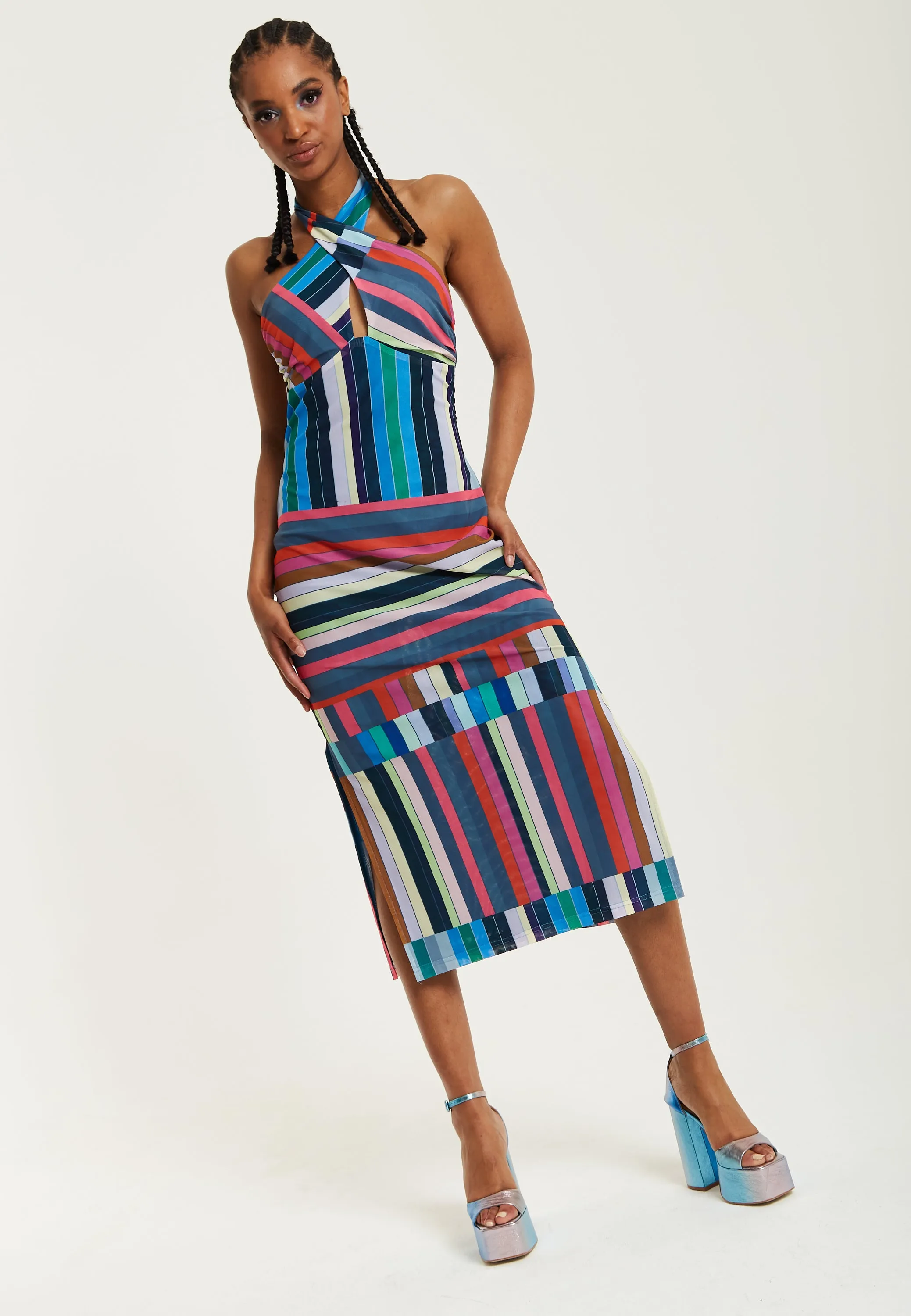 House of Holland Colour Bar Halter Neck Midi Dress