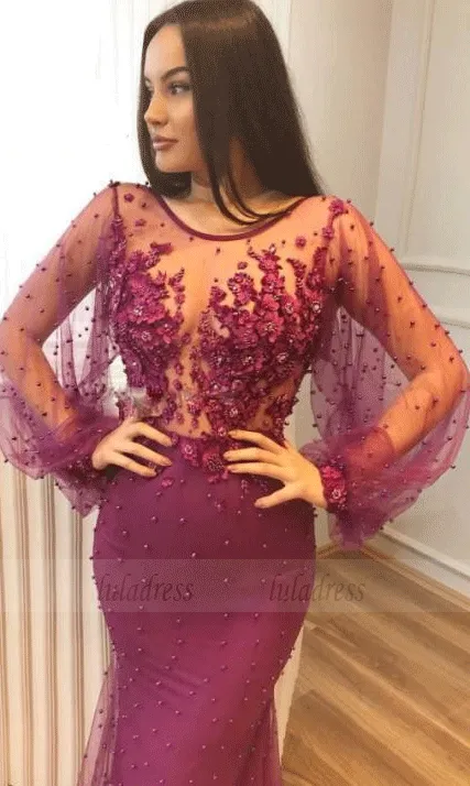 Illusion Neckline Long Sleeves 3D Applique Beaded Evening Dress