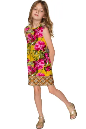 Indian Summer Adele Pink & Yellow Floral Shift Dress - Girls