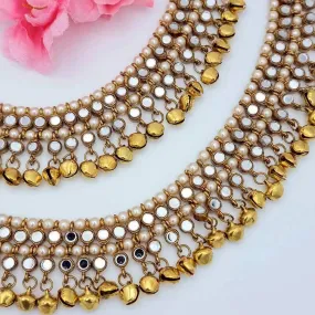 Ishal - Antique Gold Mirrored and pearl Anklet With Bells