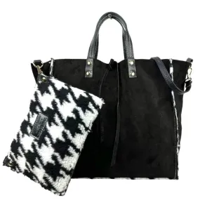 Italian Suede Leather Shopper Black Handbag Set