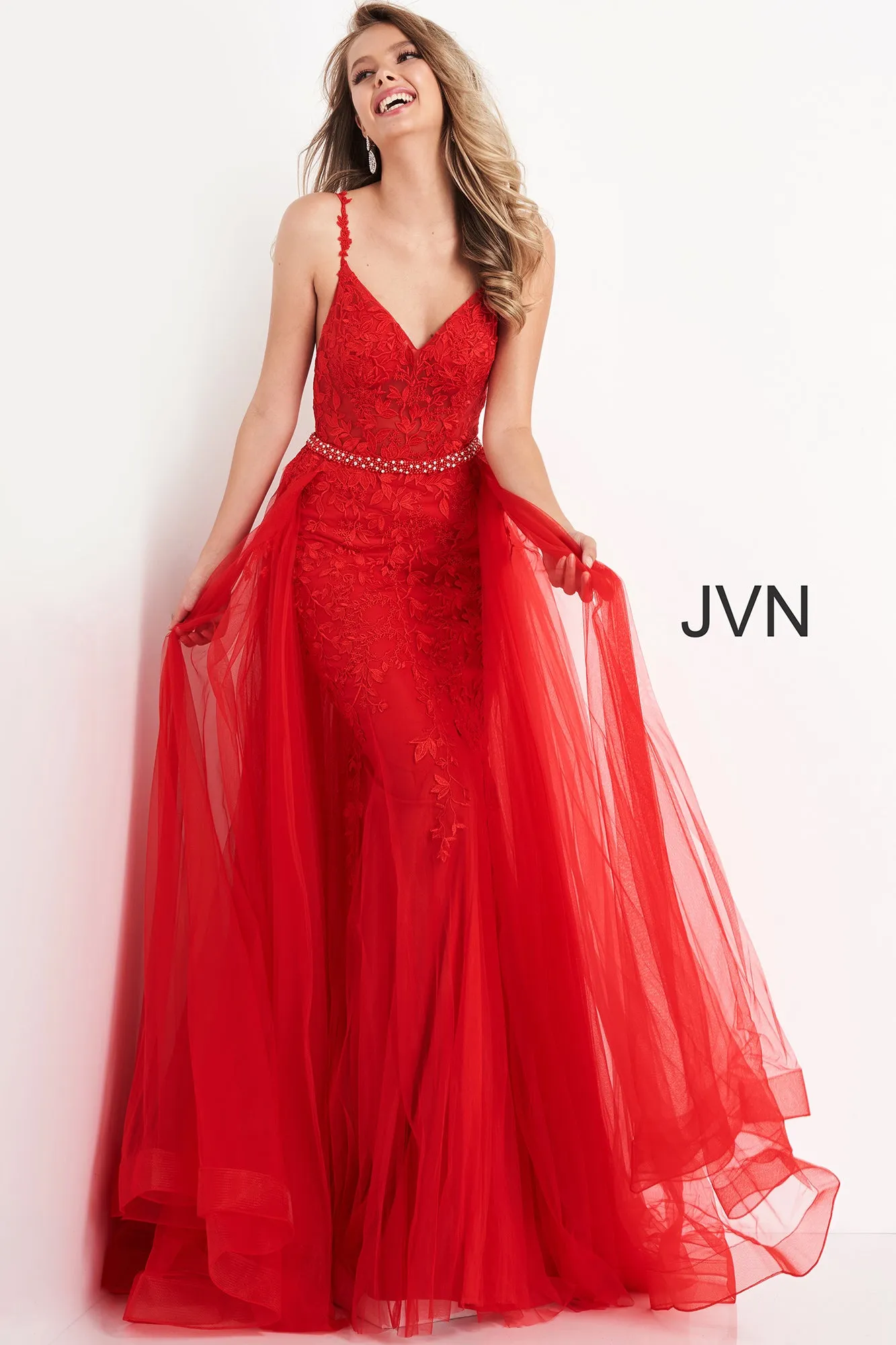 Jovani JVN02260 Size 10 Long Lace Embellished Belt Prom Dress Pageant Gown Tulle