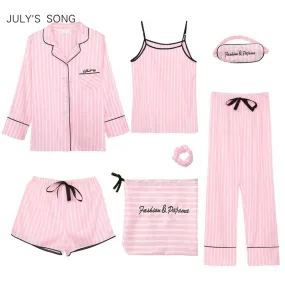 JULY'S SONG Pink Women's 7 Pieces Pajamas Sets Faux Silk Striped Pyjama Women Sleepwear Sets Spring Summer Autumn Homewear