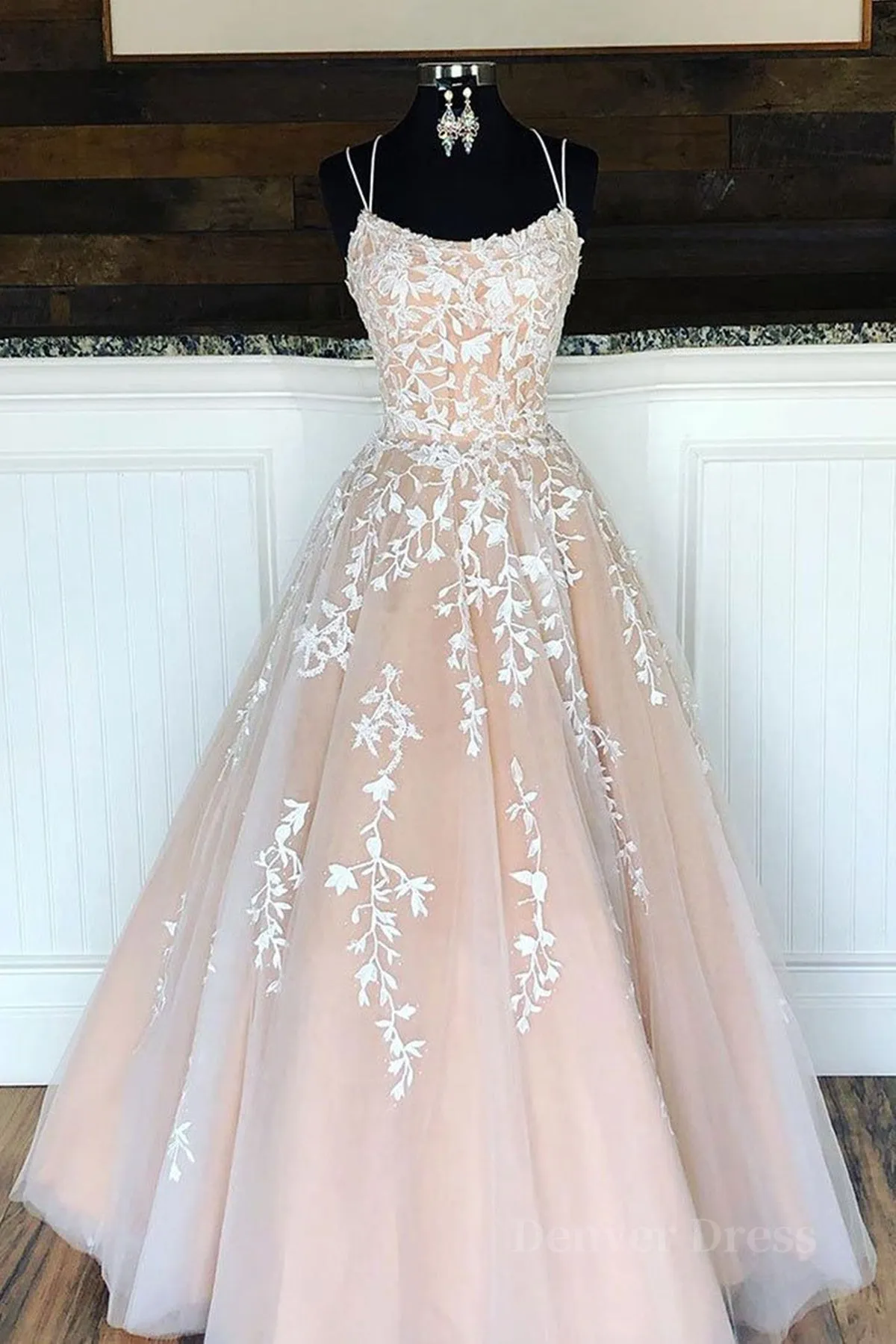 kamahe Backless Champagne Lace Prom Dresses, Open Back Champagne Lace Formal Evening Dresses