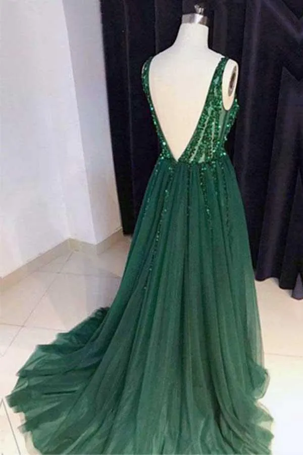 kamahe Chic A-Line V Neck Backless Dark Green Tulle Prom Dress with Sequins Evening Dresses