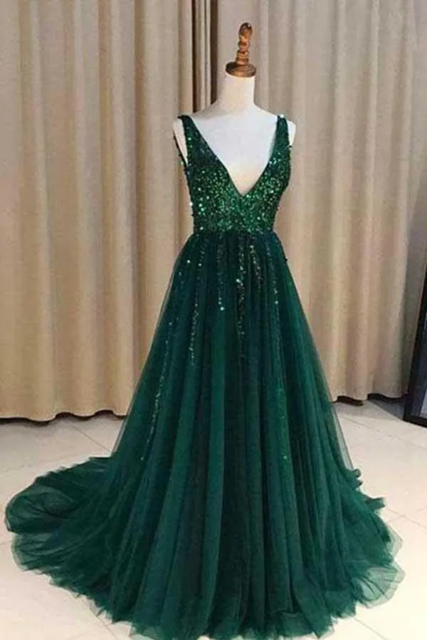 kamahe Chic A-Line V Neck Backless Dark Green Tulle Prom Dress with Sequins Evening Dresses