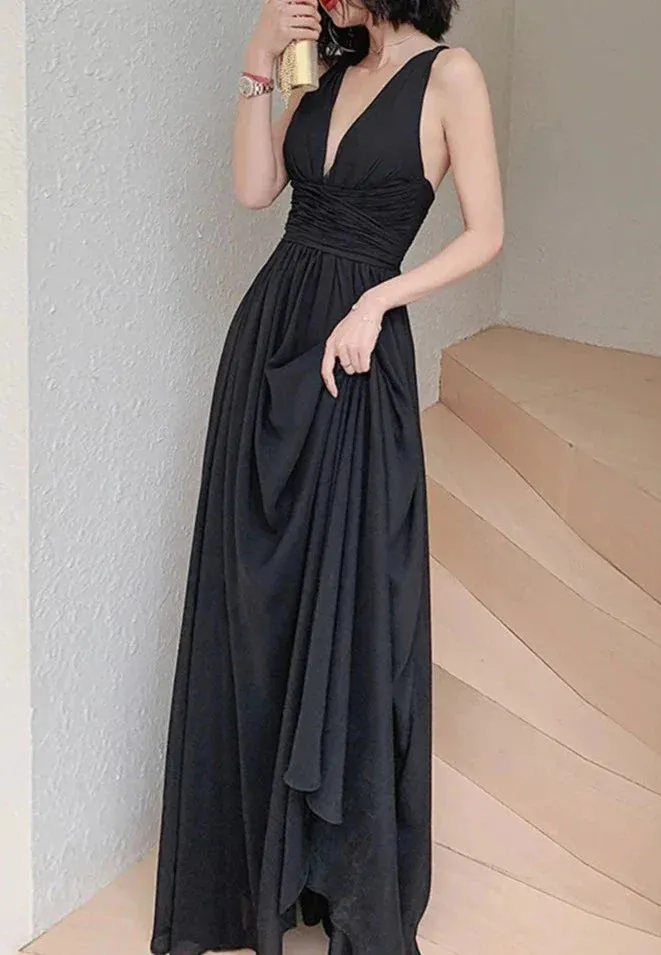 kamahe Simple V Neck Chiffon Black Long Prom Dress, Black Evening Dresses