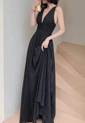 kamahe Simple V Neck Chiffon Black Long Prom Dress, Black Evening Dresses