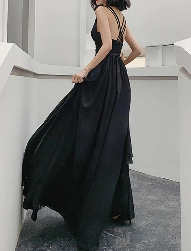 kamahe Simple V Neck Chiffon Black Long Prom Dress, Black Evening Dresses