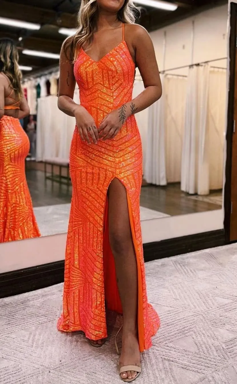 kamahe Sparkly Orange Open Back Sequins Long Prom Dress with Slit Formal Evening Dresses