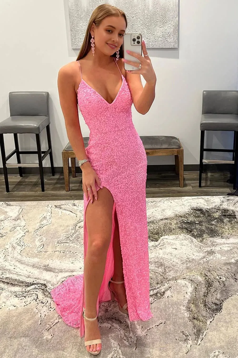 kamahe Sparkly Pink Detachable Train Sequins Prom Dress with Slit Formal Evening Dresses