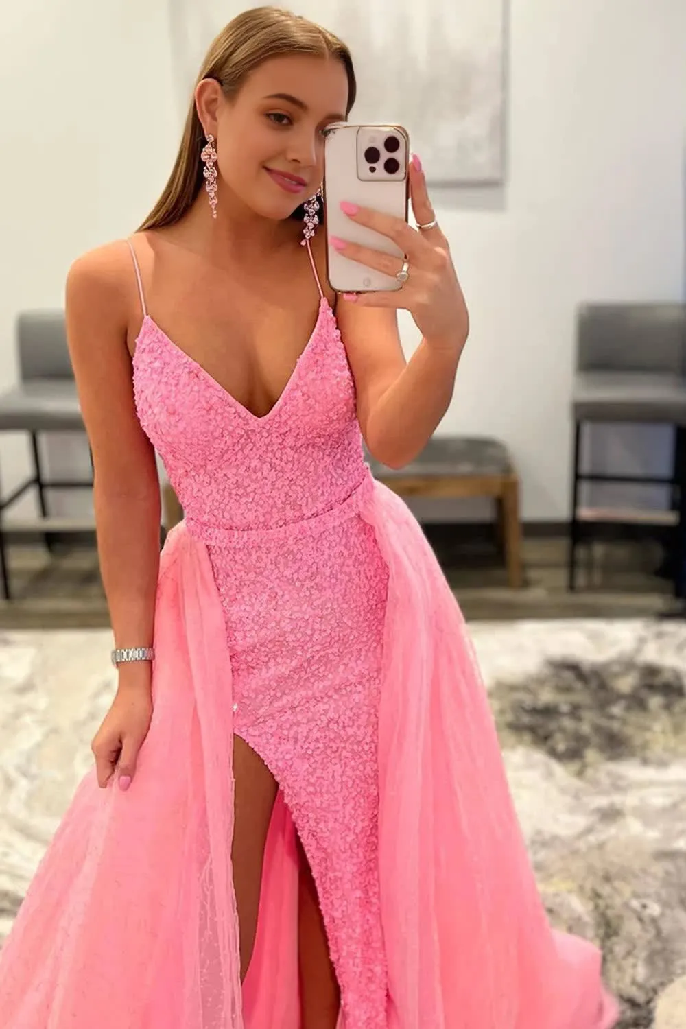 kamahe Sparkly Pink Detachable Train Sequins Prom Dress with Slit Formal Evening Dresses