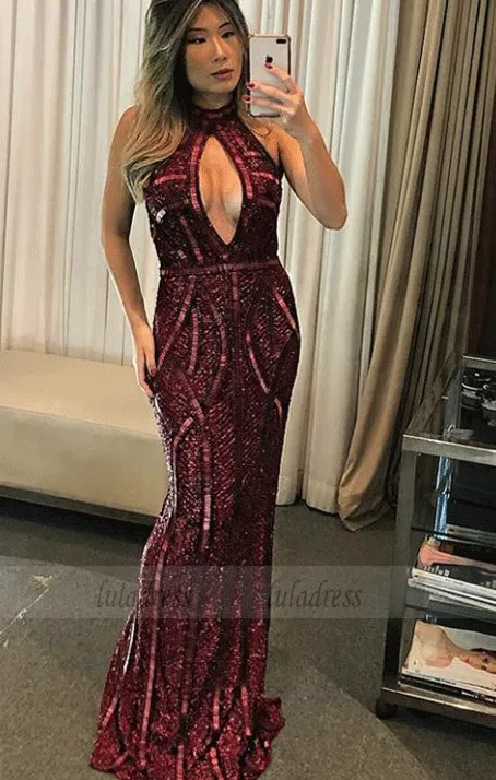 Keyhole Long Sequin Prom Dresses High Neck Sheath Burgundy Evening Dresses