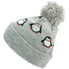 Kids Penguin Bobble Beanie Hat - Grey