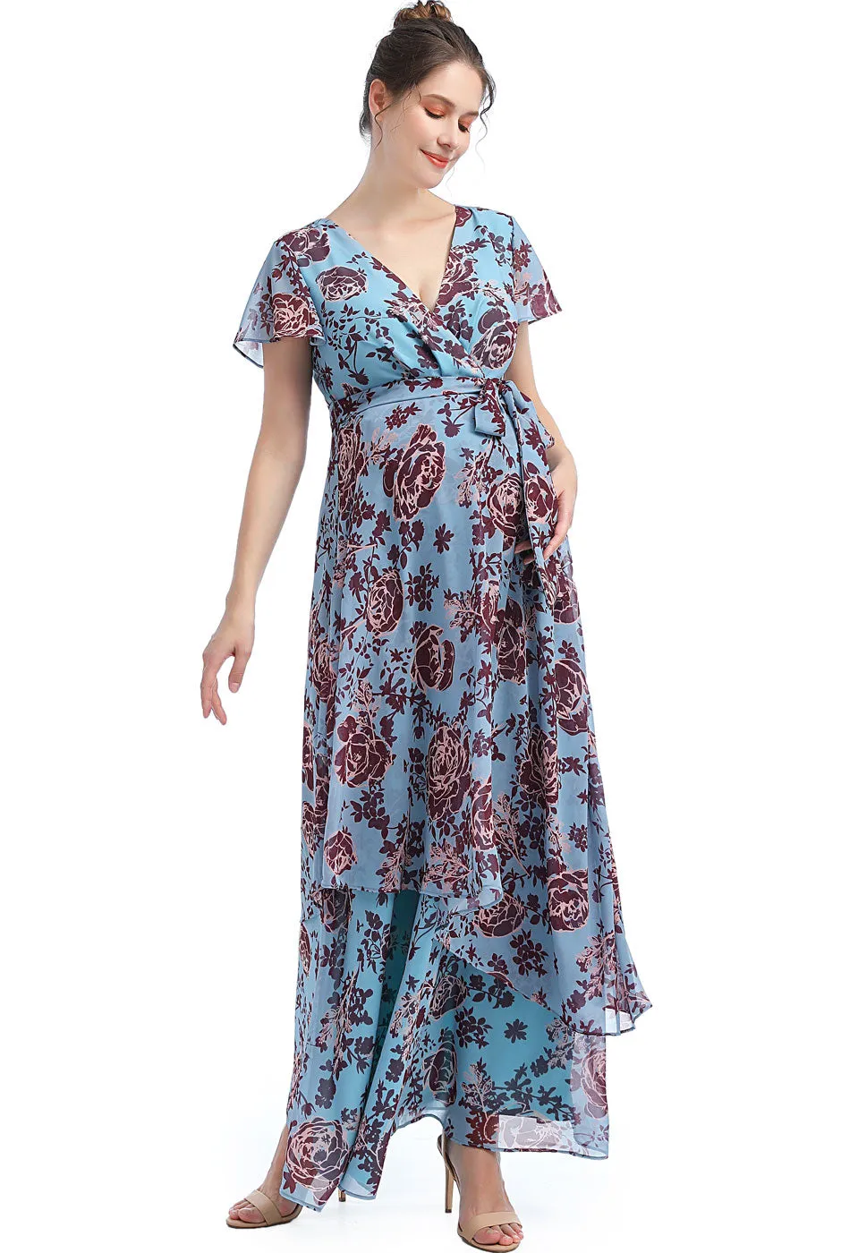 Kimi   Kai Maternity "Elisa" Faux Wrap Chiffon Maxi Dress