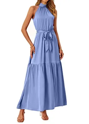 KIRUNDO 2023 Women Summer Sleeveless Halter Satin Maxi Dresses High Waist Elegant Wedding Party Cocktail Formal Prom Dress(Light Blue, X-Large)