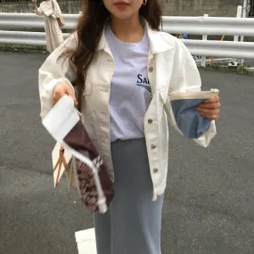 [Korean Style] Heather Creamy Cropped Denim Jacket