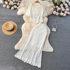 Korean Style Hollow Hook Flower Lace Shortsleeved Suit Skirt Womens Short Top Fishtail 2piece Set Trendy 240202