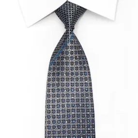 Lancetti Men's Silk Necktie Silver Trellis & Dots On Blue With Crystals Rhinestones