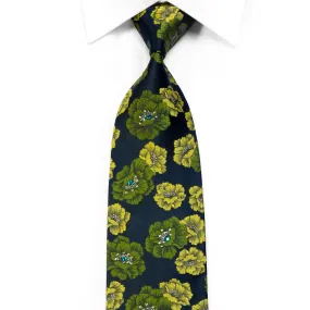 Lancetti Rhinestone Silk Necktie Green Floral On Navy With Sparkles