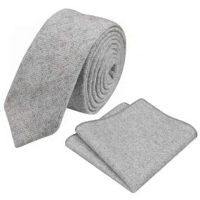 Laurie Light Grey Herringbone Skinny Tweed Tie & Pocket Square Set