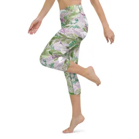 Lavender Yoga Capri Leggings, Floral Lavender Print Best Designer Women's Yoga Capri Leggings