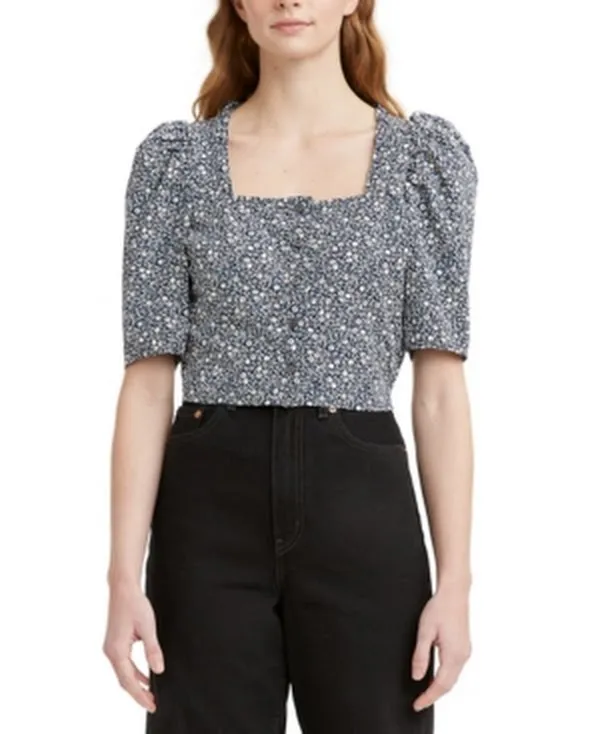 Levis Womens Ruffled Crop-Hem Elbow-Puff-Sleeves Printed Blouse