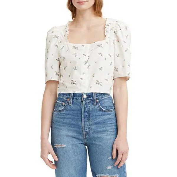 Levis Womens Ruffled Crop-Hem Elbow-Puff-Sleeves Printed Blouse