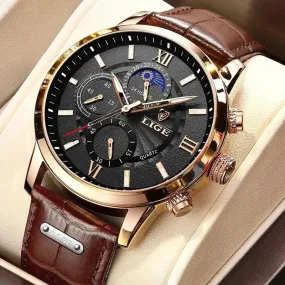 LIGE Luxury Leather Casual Quartz Watch